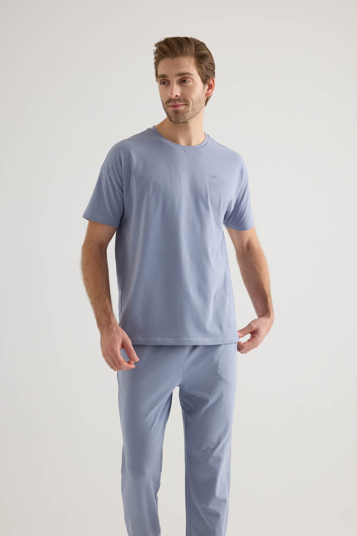 Men's Blue Cotton Pajama Set — view 4