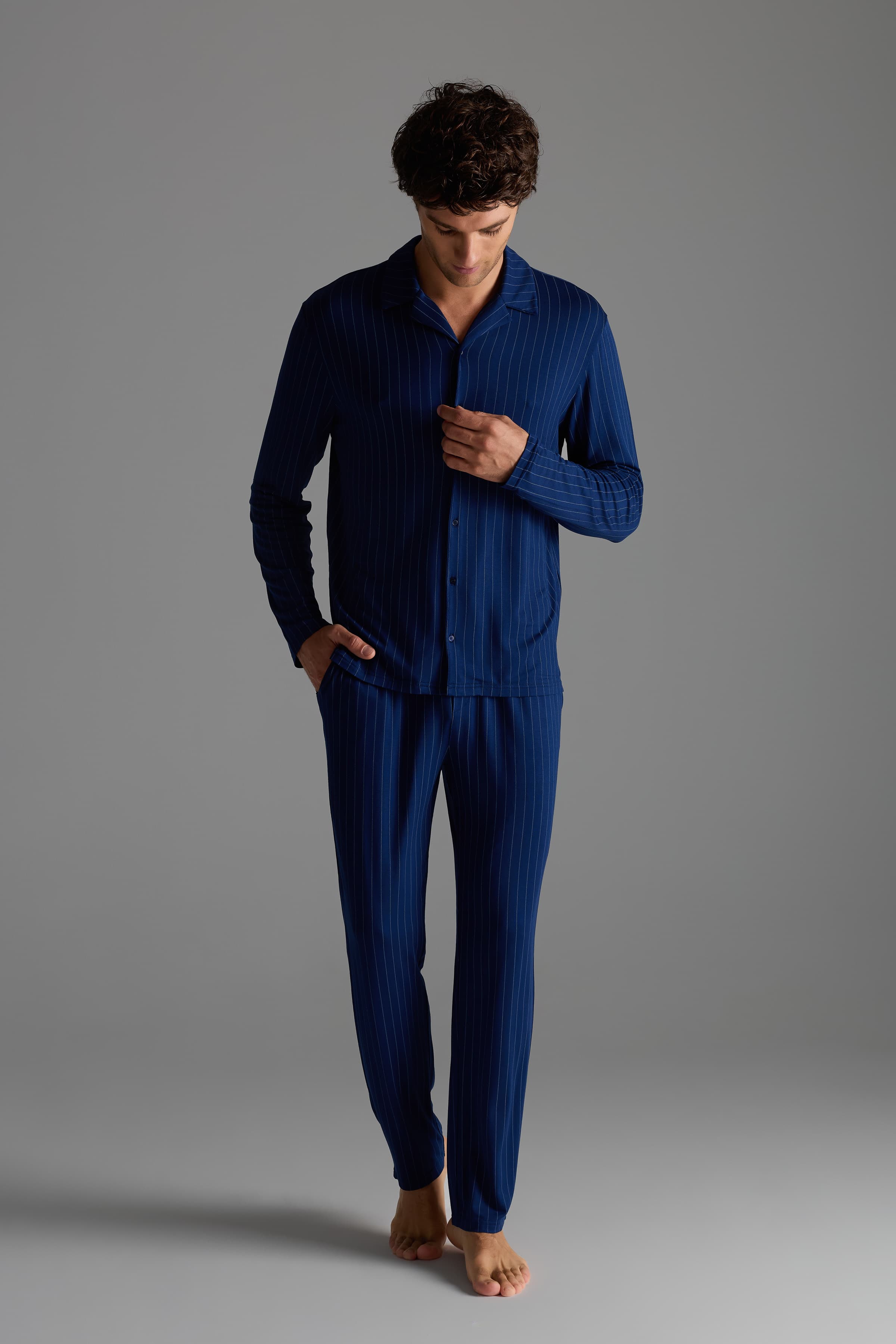 Men's Blue Striped Viscose Pajama Set — view 3