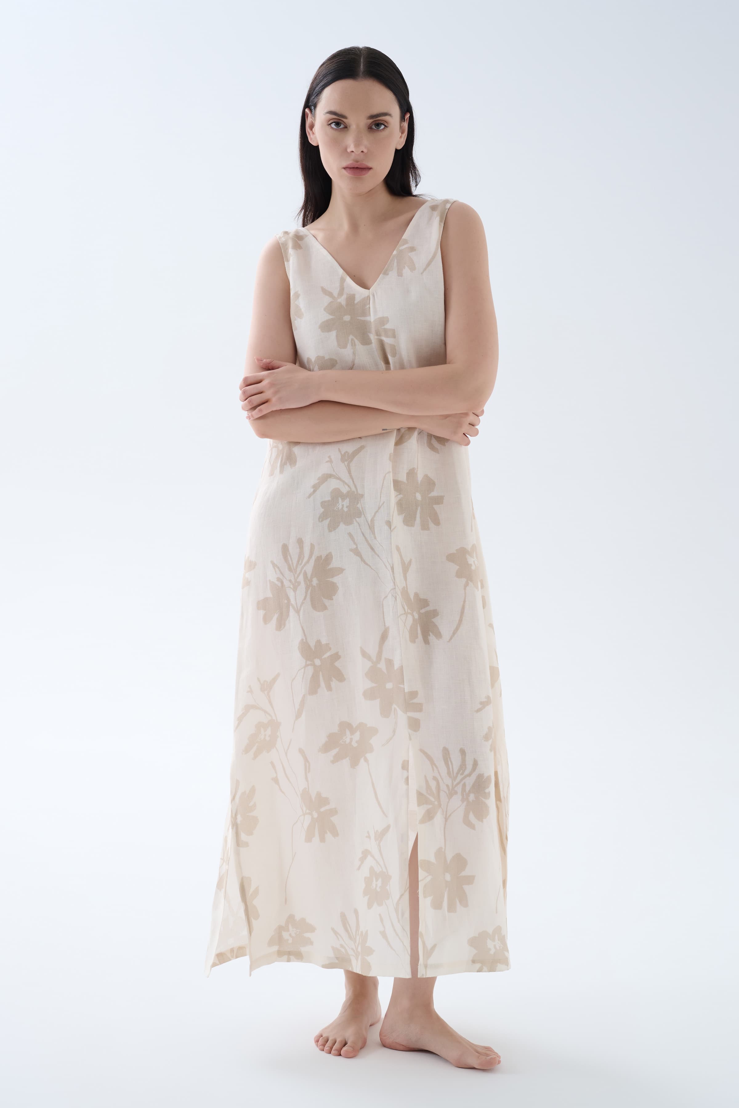 Women's Brown Floral Linen Dress — view 1
