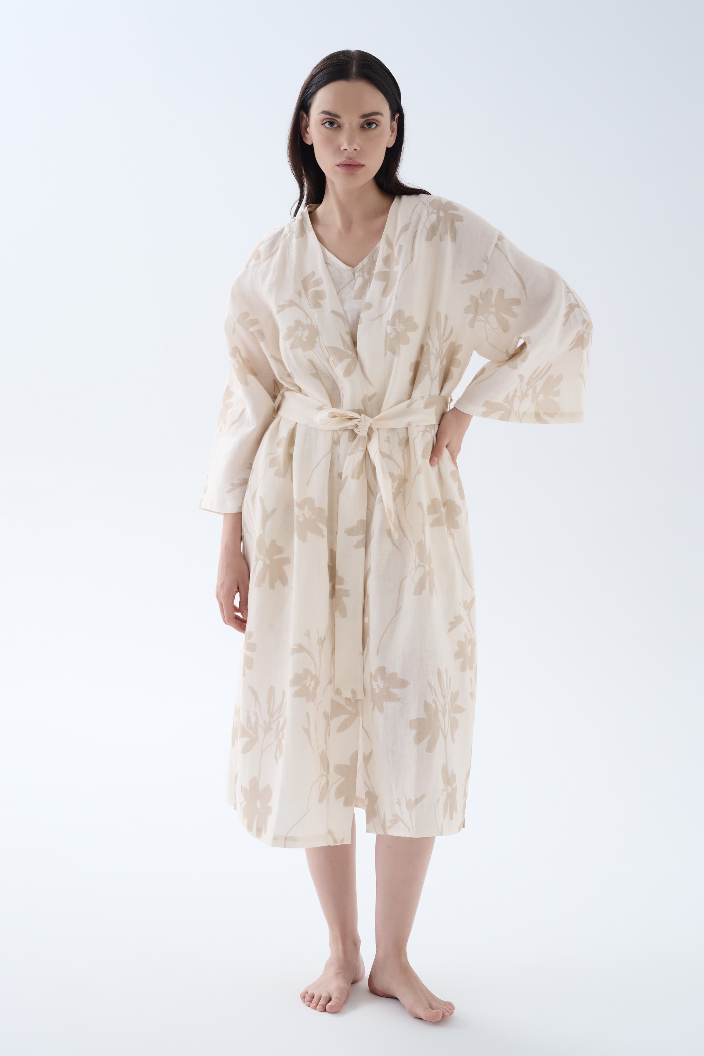 Women's Brown Floral Linen Robe — view 1