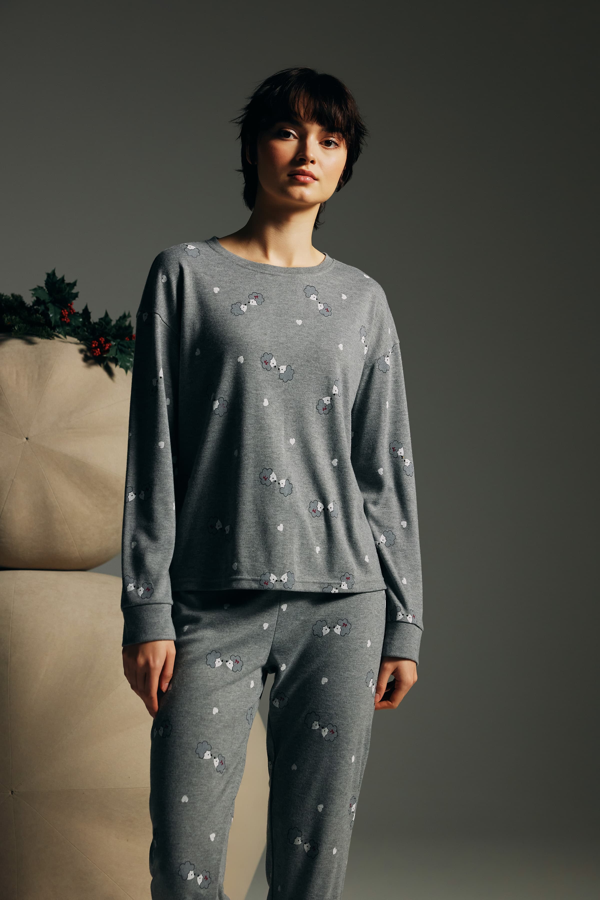 Women's Grey Printed Cotton Pajama Top — view 1