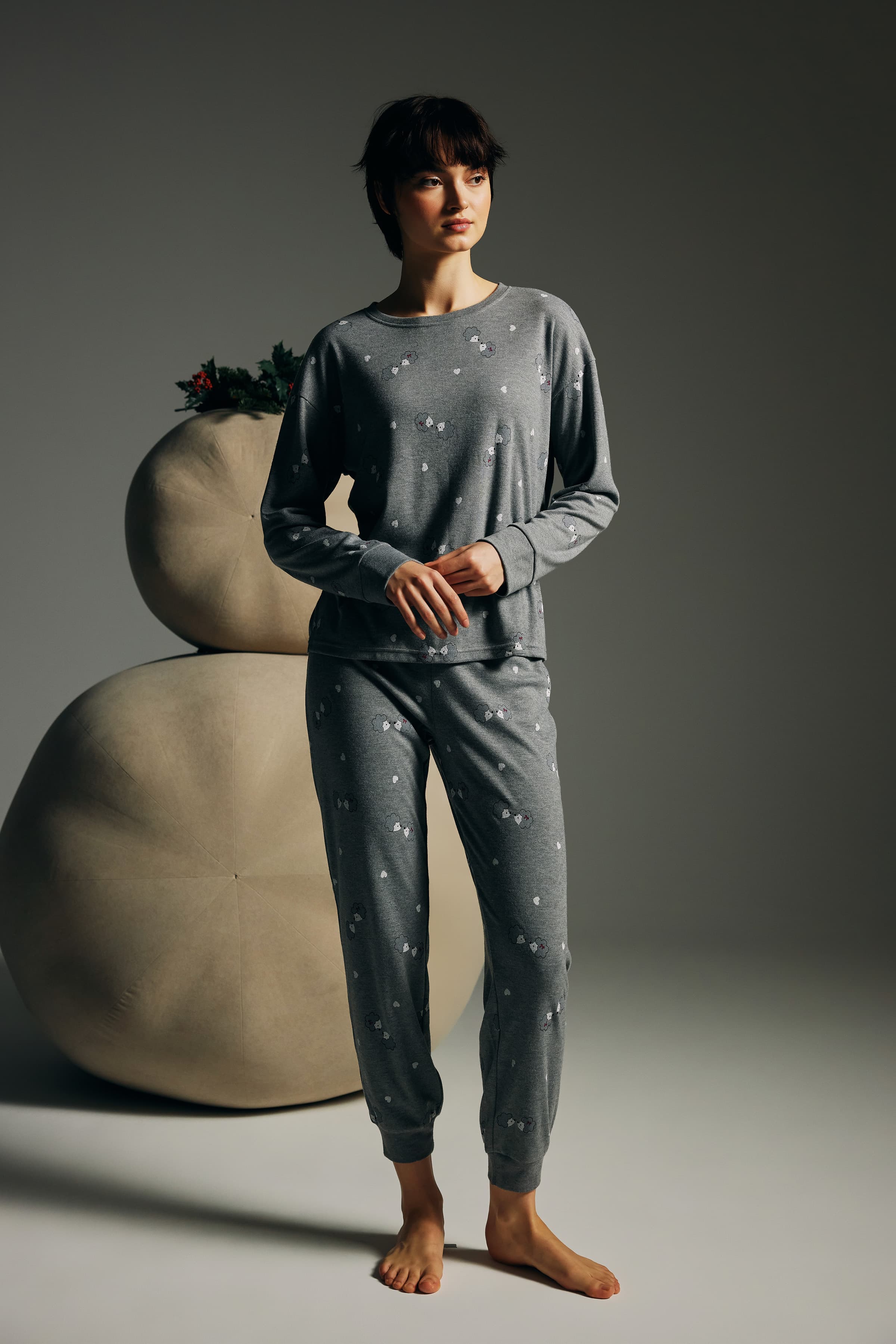 Women's Grey Printed Cotton Pajama Top — view 2