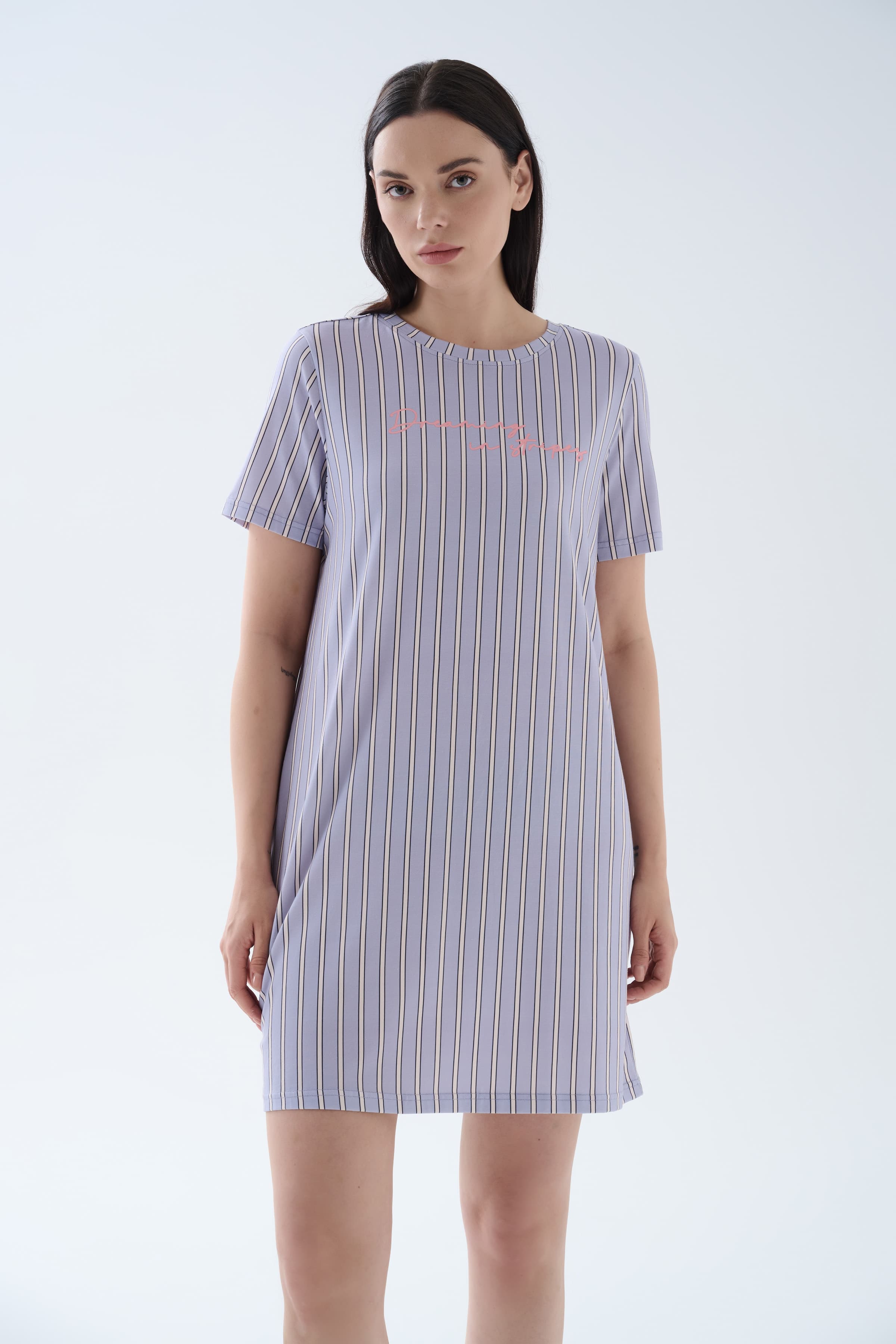 Women's Purple Striped Cotton Nightgown — view 2