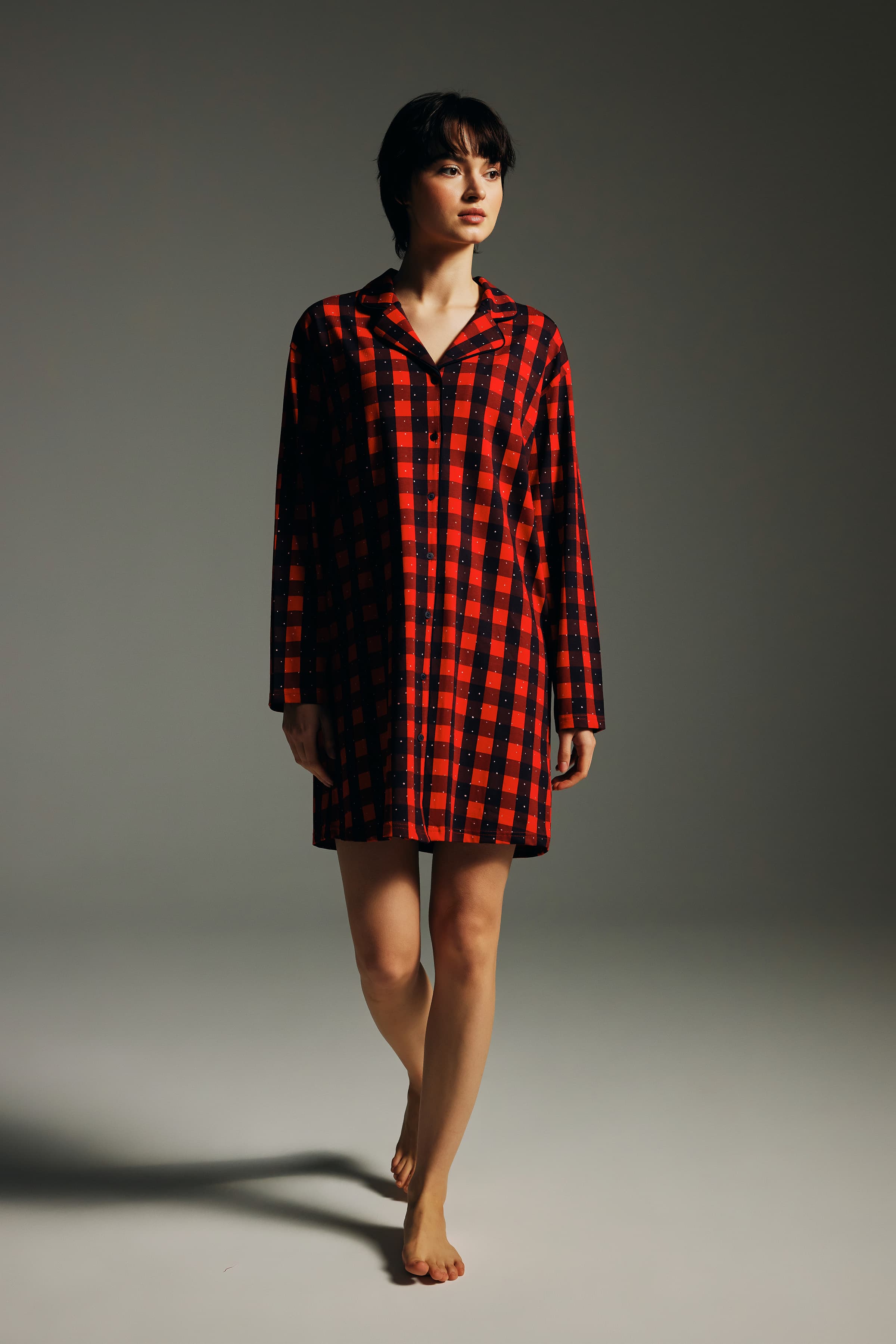 Women's Red Plaid Cotton Nightgown — view 3
