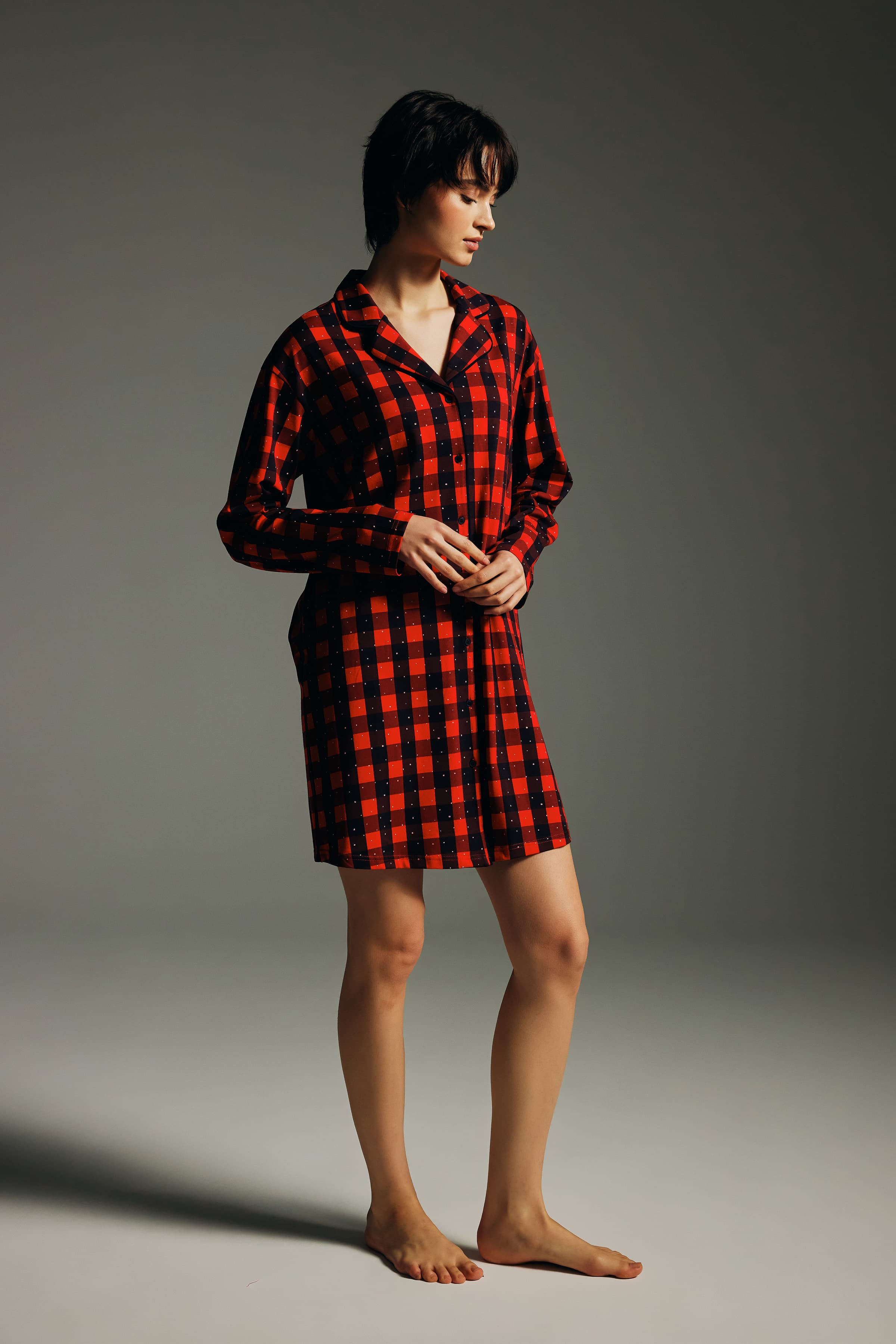 Women's Red Plaid Cotton Nightgown — view 4