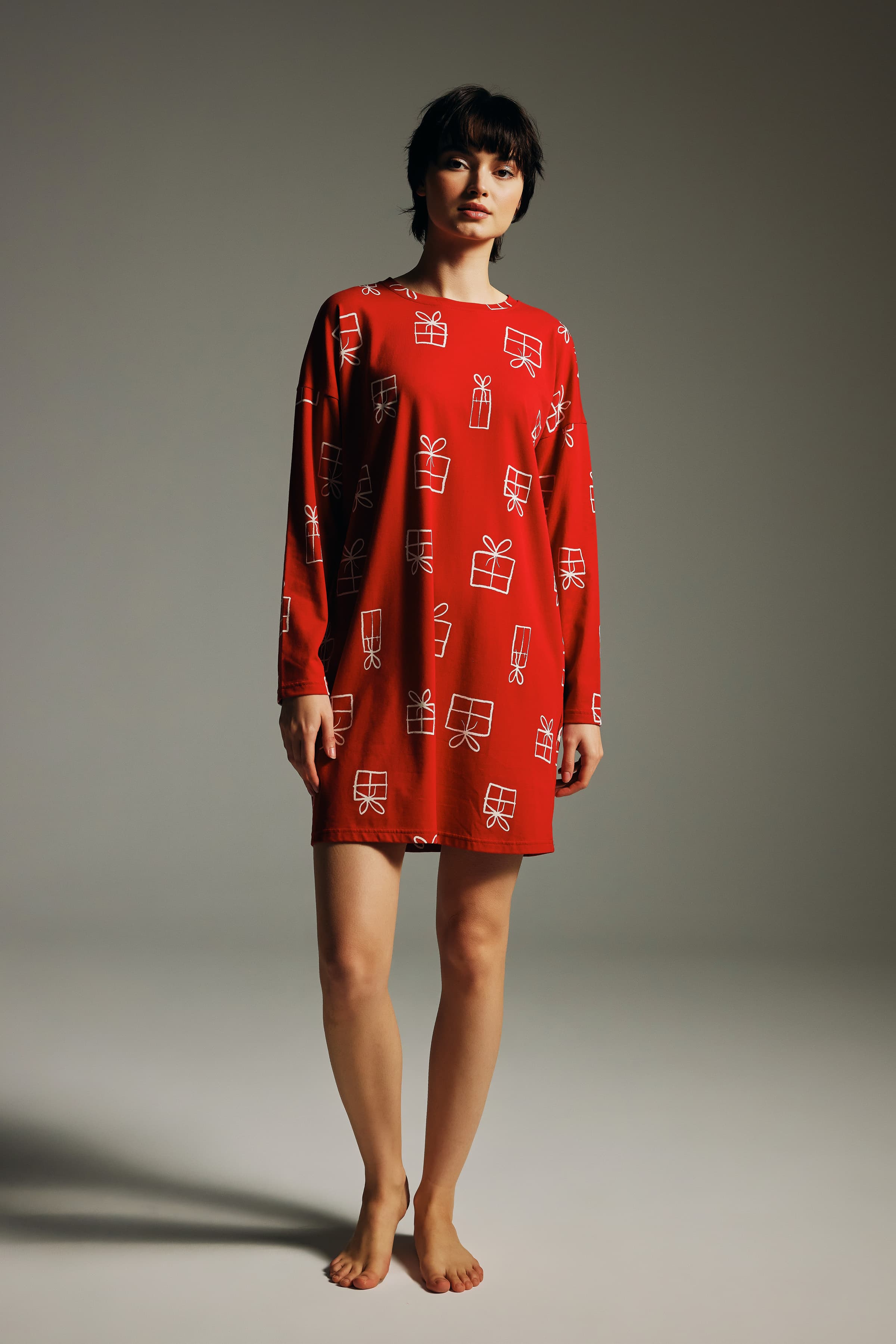 Women's Red Printed Cotton Nightgown — view 1