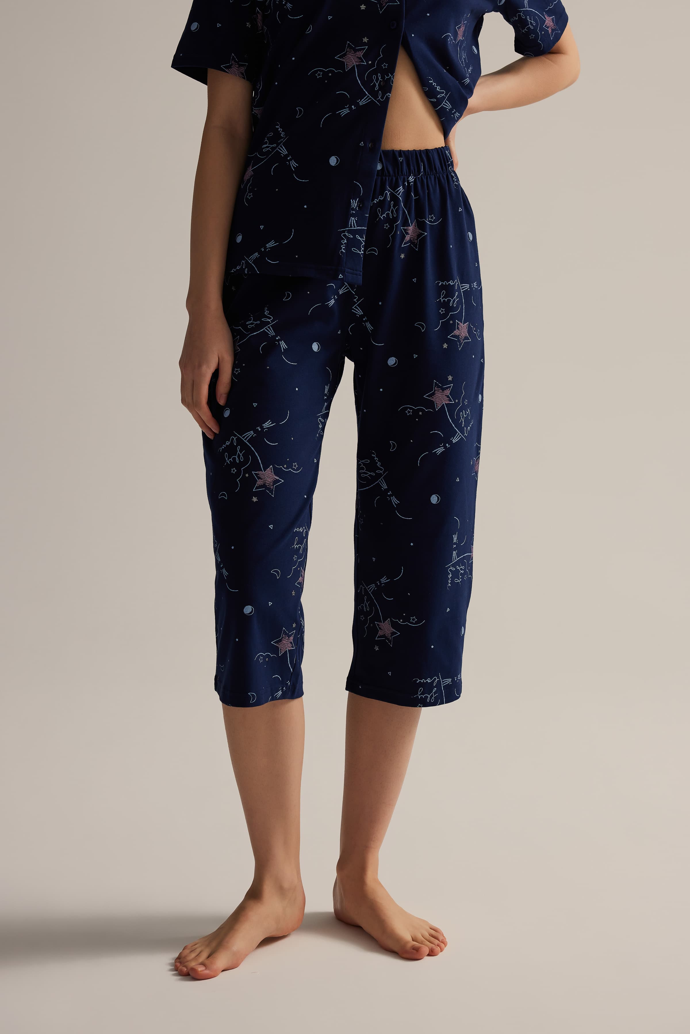 Women's Navy Patterned Cotton Pajama Bottoms — view 1