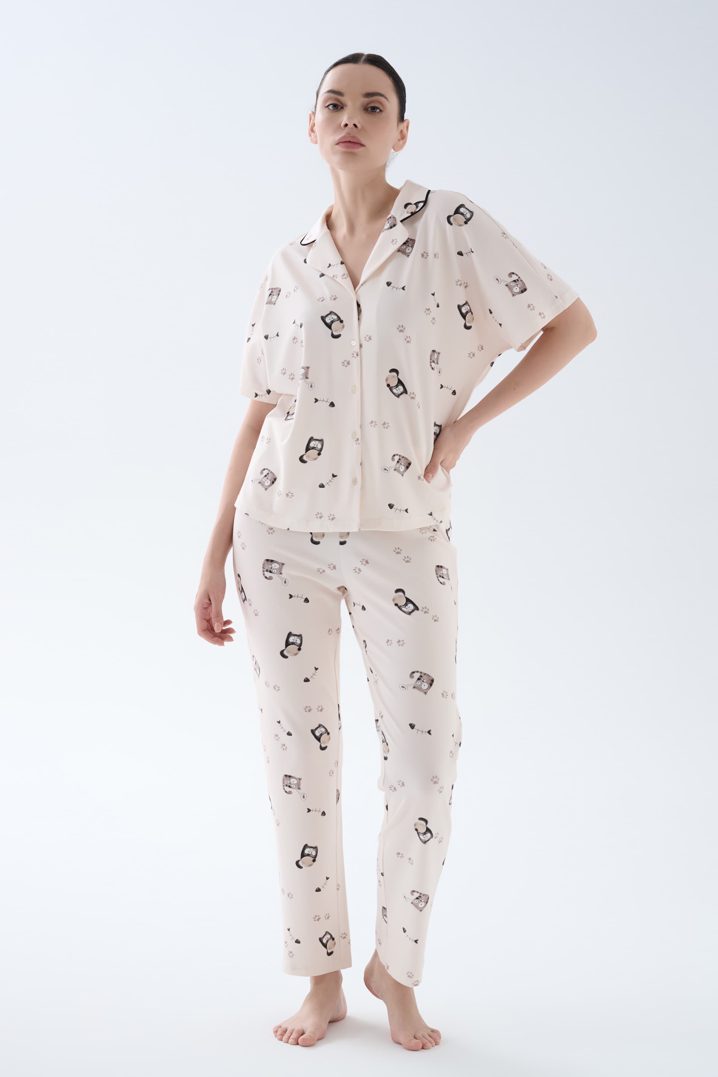 Women's Brown Printed Cotton Pajama Set — view 1