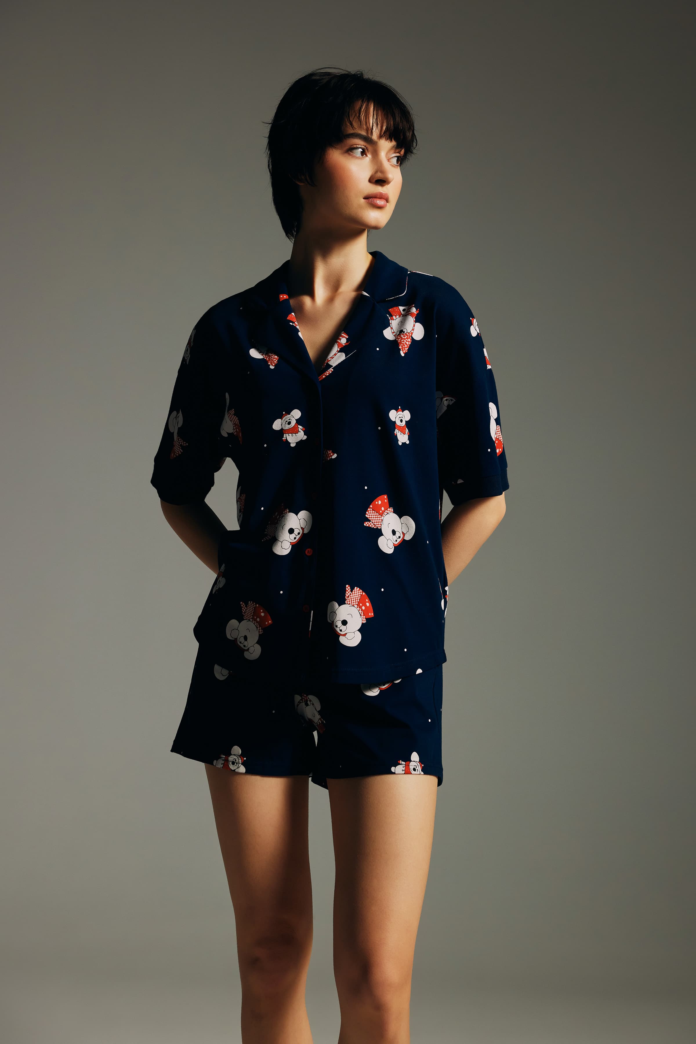 Women's Navy Printed Cotton Pajama Set — view 4