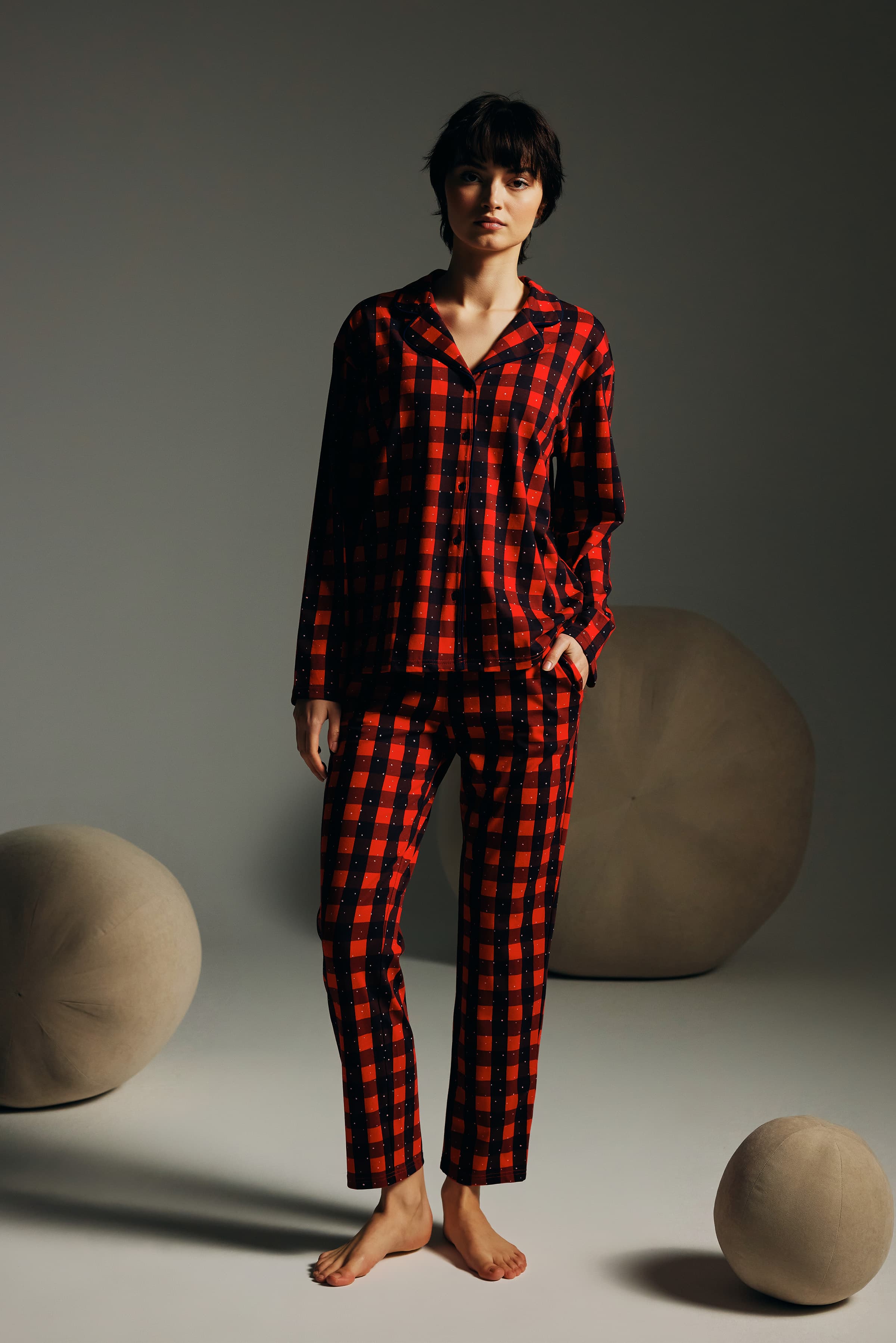Women's Red Plaid Cotton Pajama Set — view 2