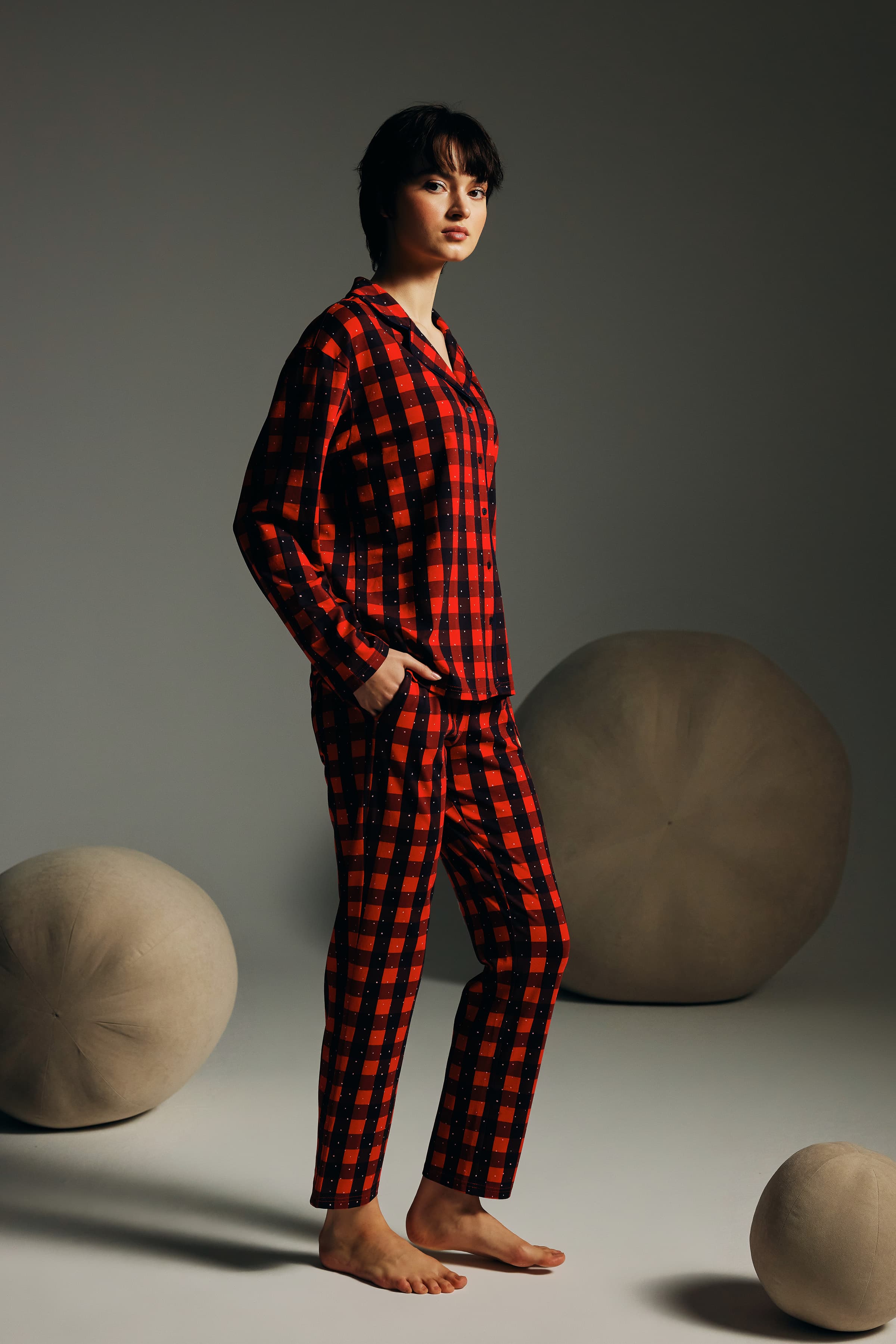 Women's Red Plaid Cotton Pajama Set — view 4