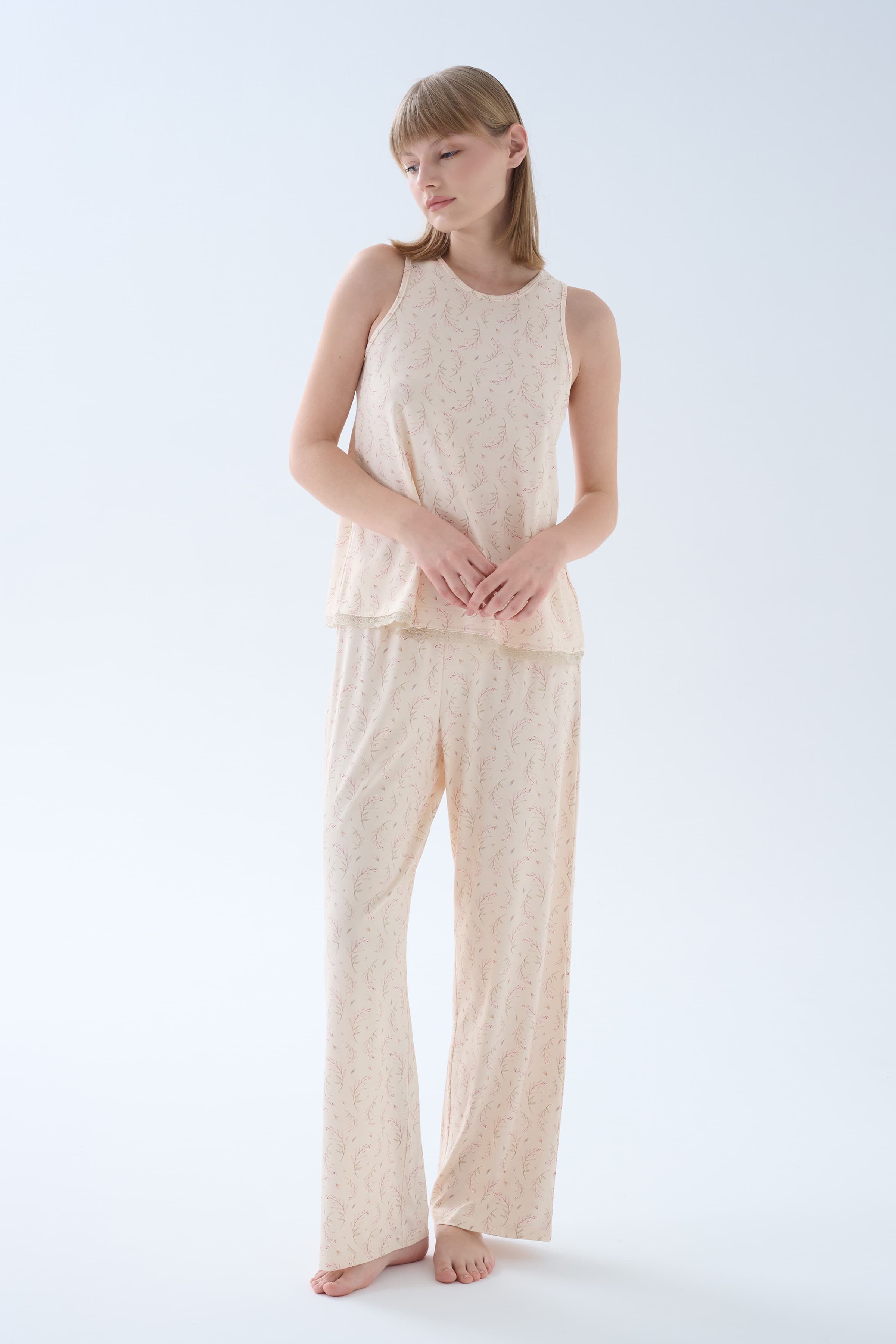 Women's Beige Printed Viscose Pajama Set — view 1