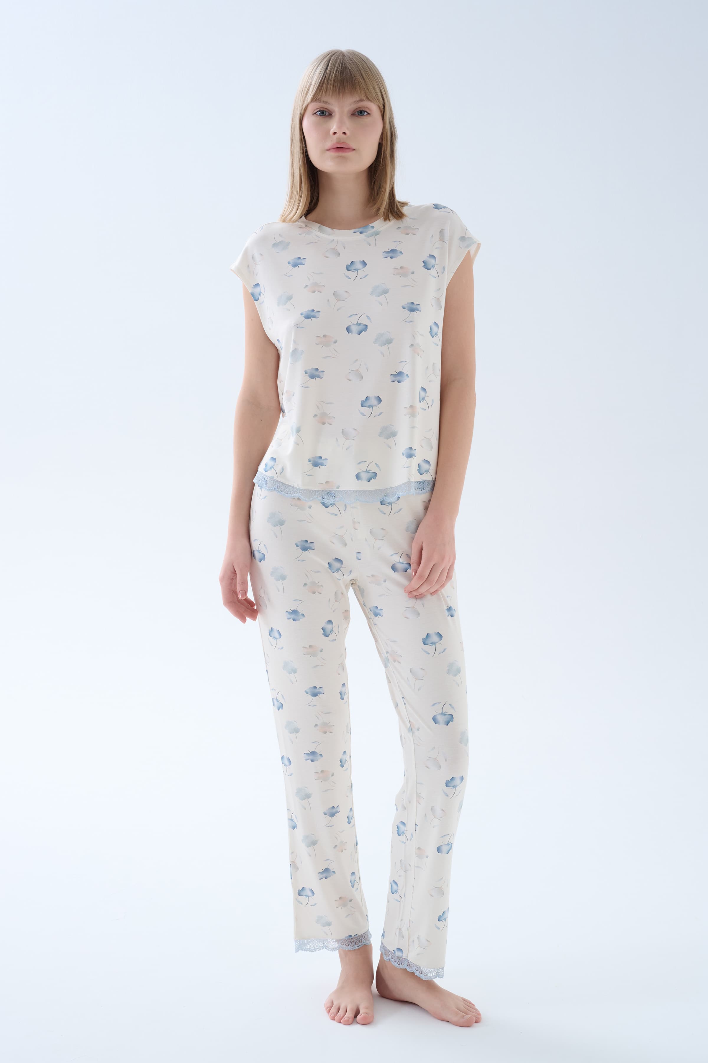 Women's Blue Floral Viscose Pajama Set — view 2