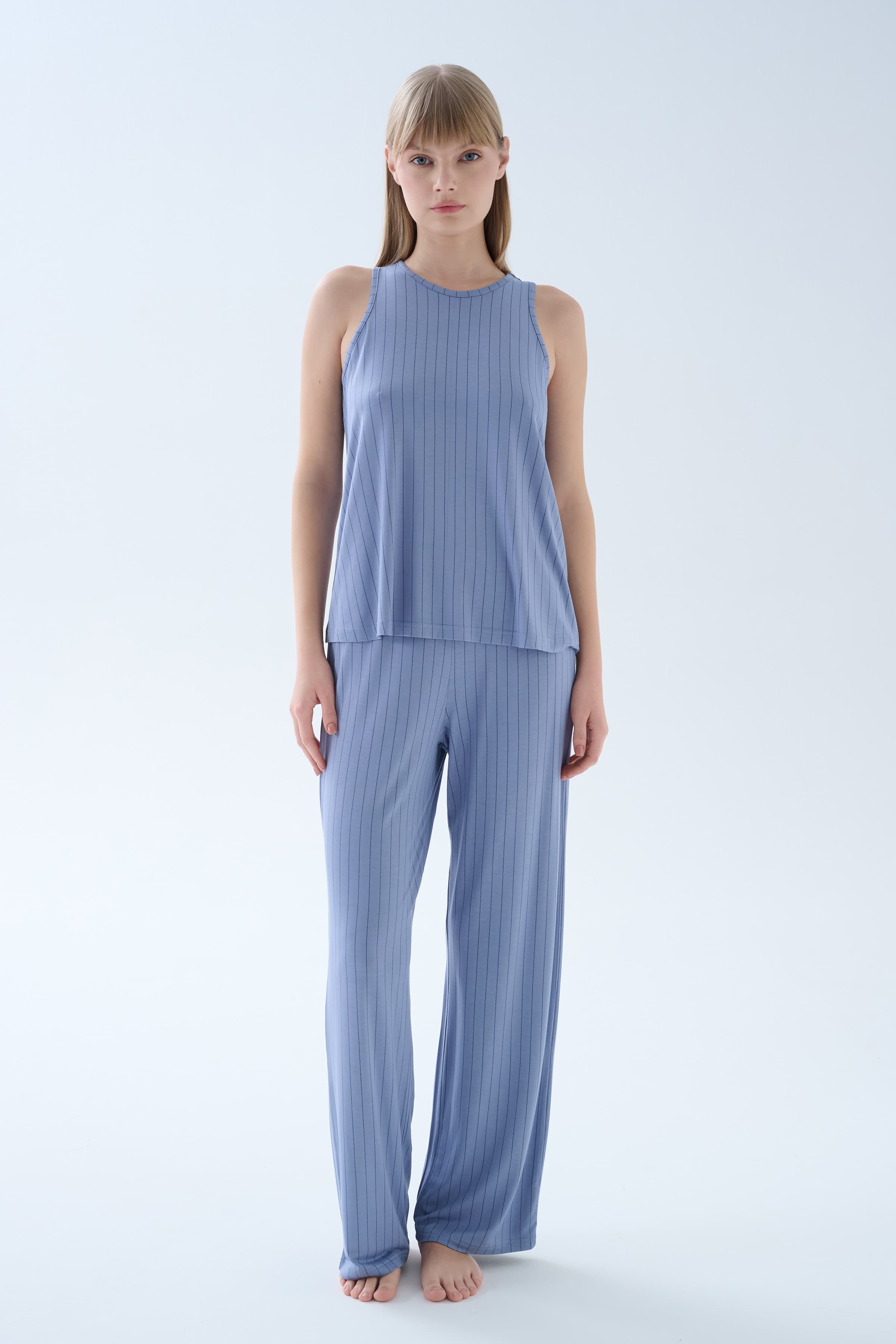 Women's Blue Striped Viscose Pajama Set — view 1