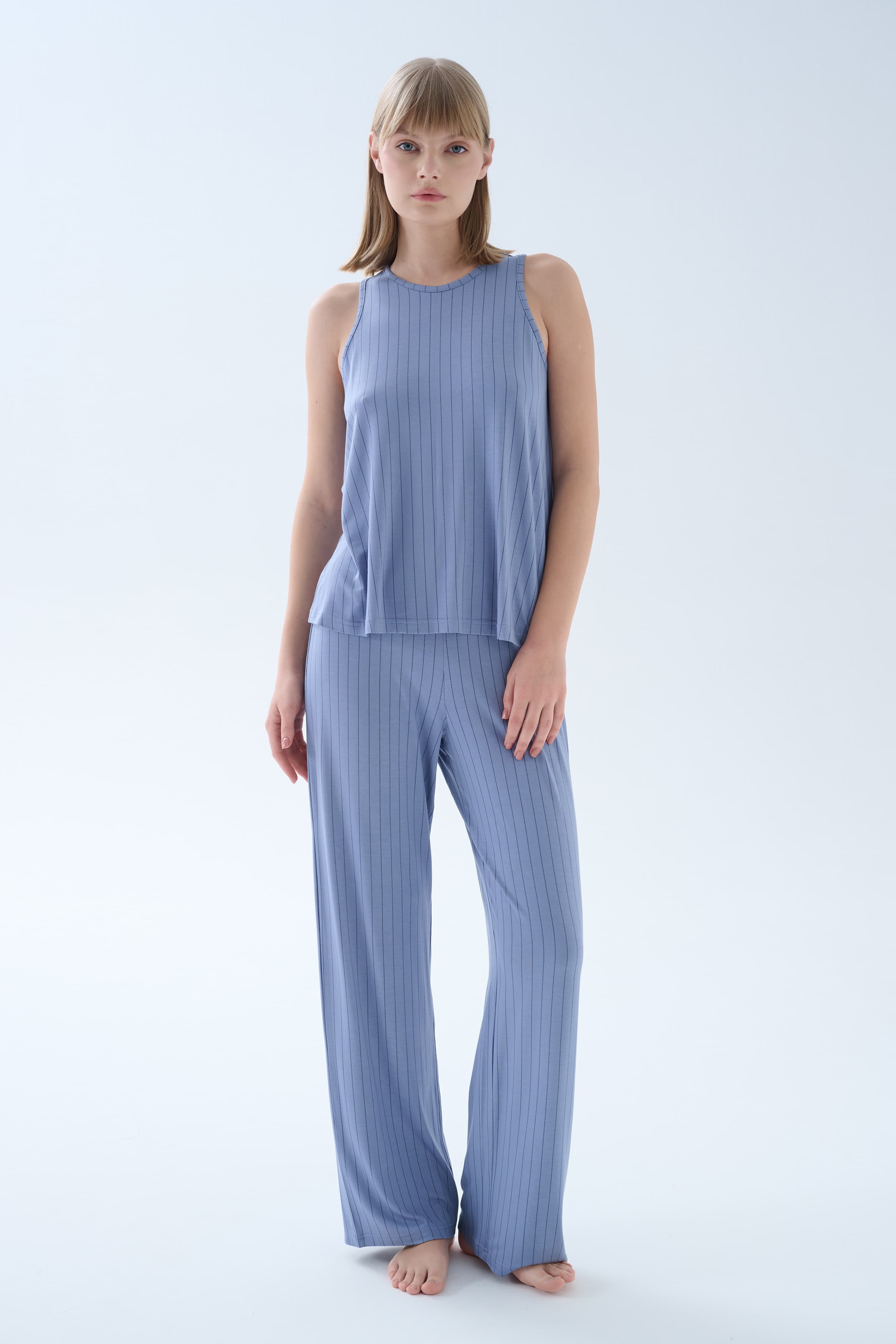 Women's Blue Striped Viscose Pajama Set — view 2