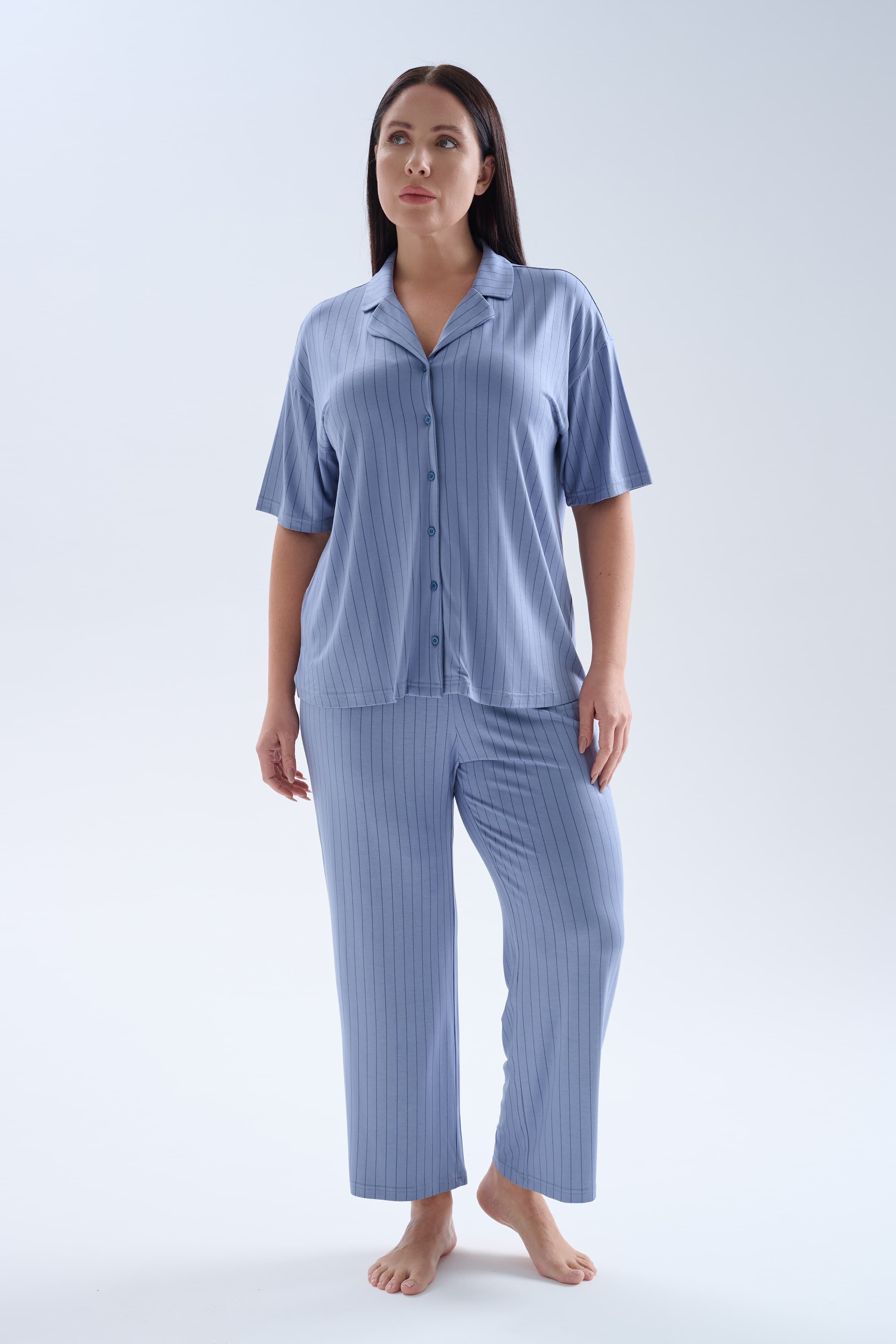 Women's Blue Striped Viscose Pajama Set — view 1