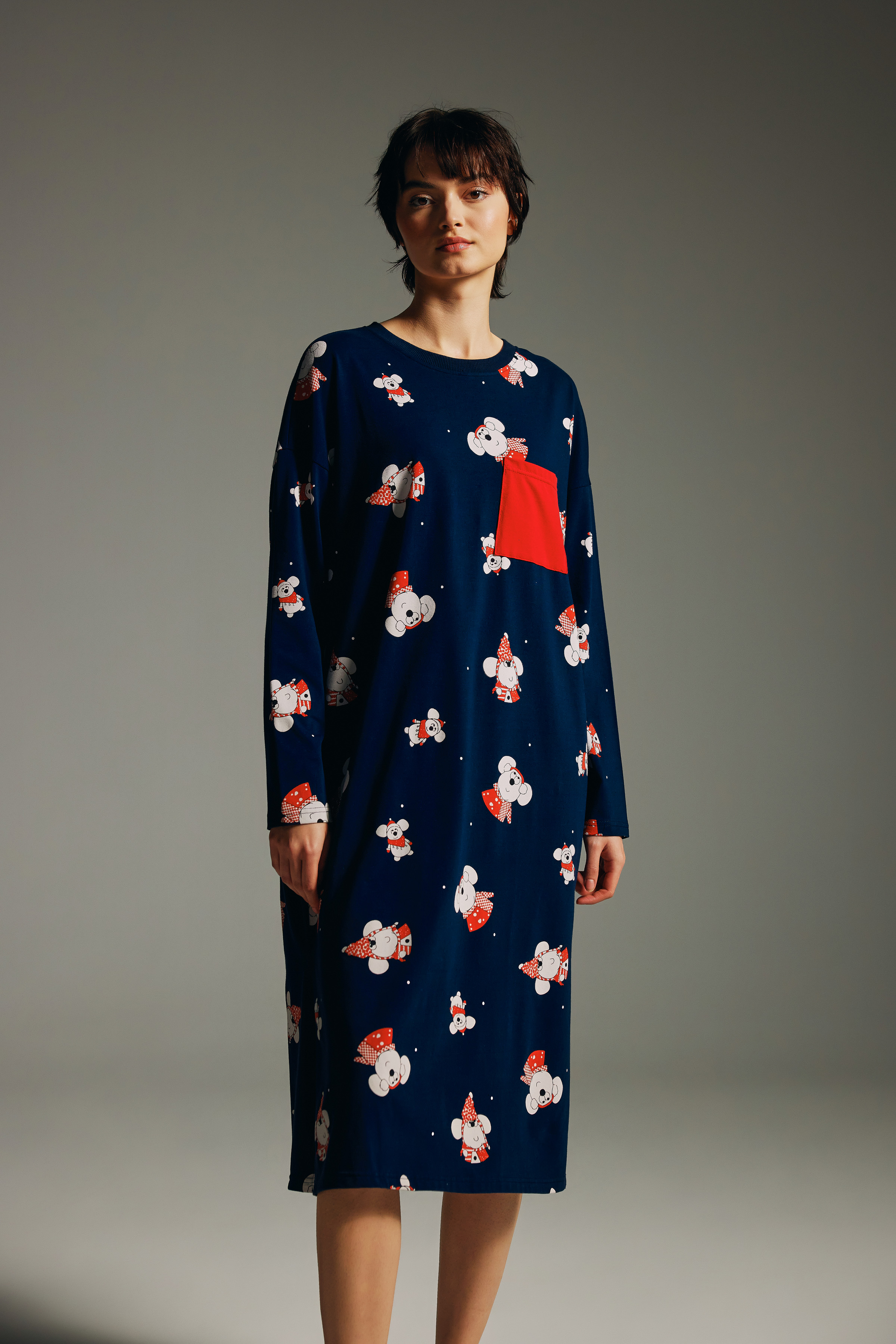 Women's Navy Printed Cotton Nightgown — view 4
