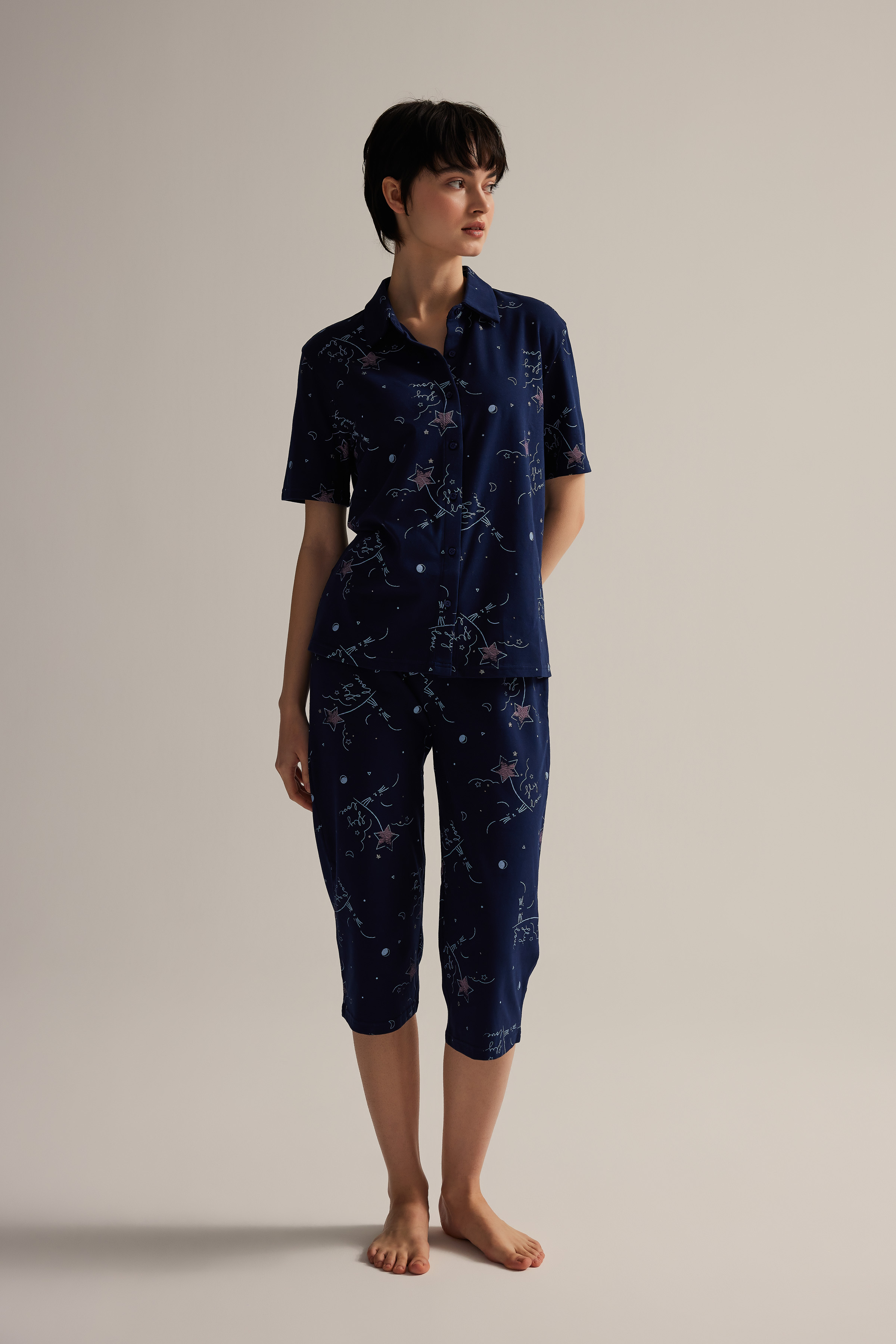 Women's Navy Patterned Cotton Pajama Bottoms — view 2