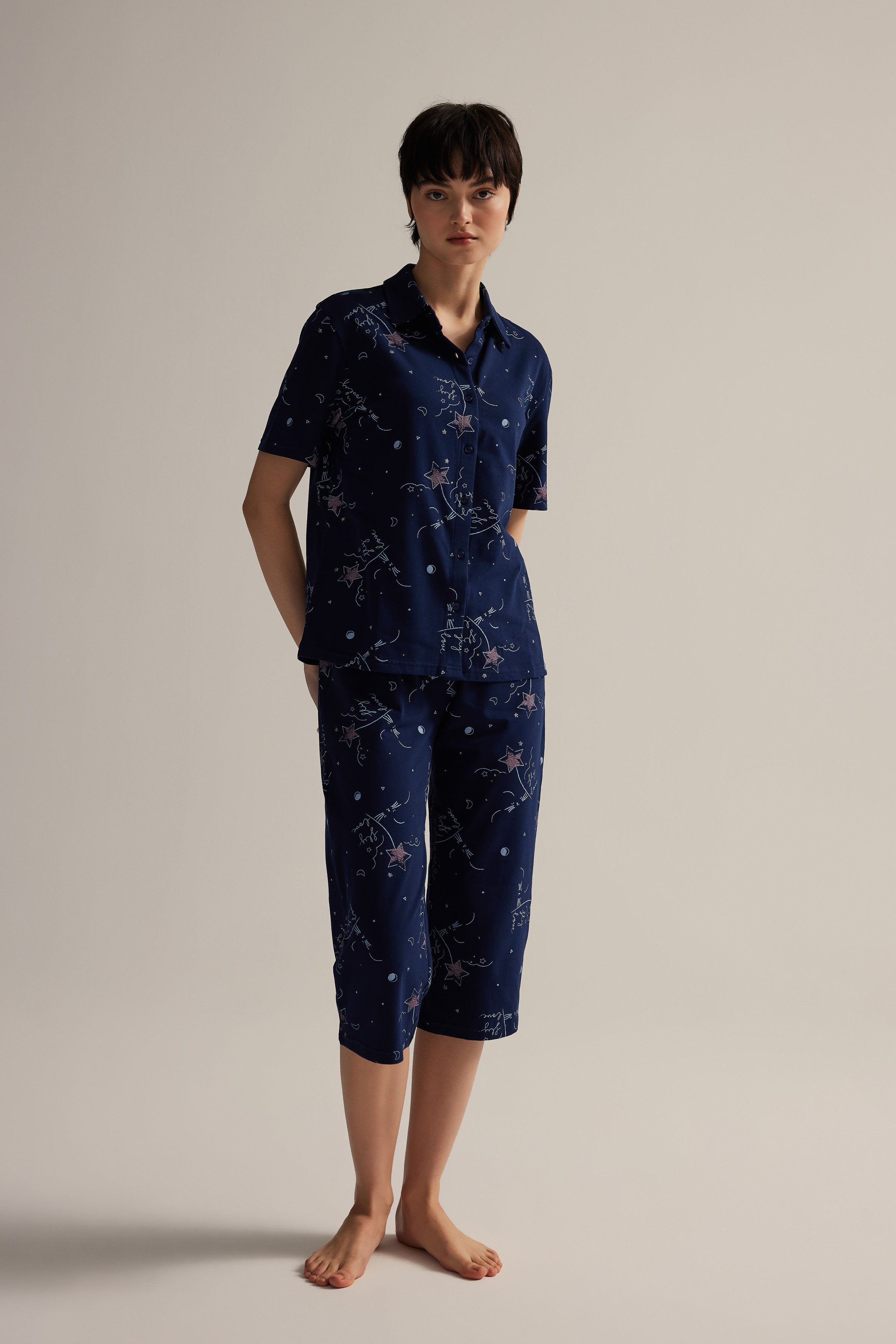 Women's Navy Patterned Cotton Pajama Bottoms — view 3
