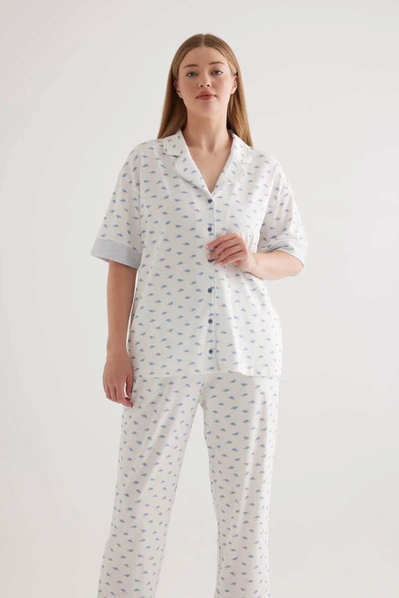 Women's Blue Printed Cotton Pajama Set — view 1