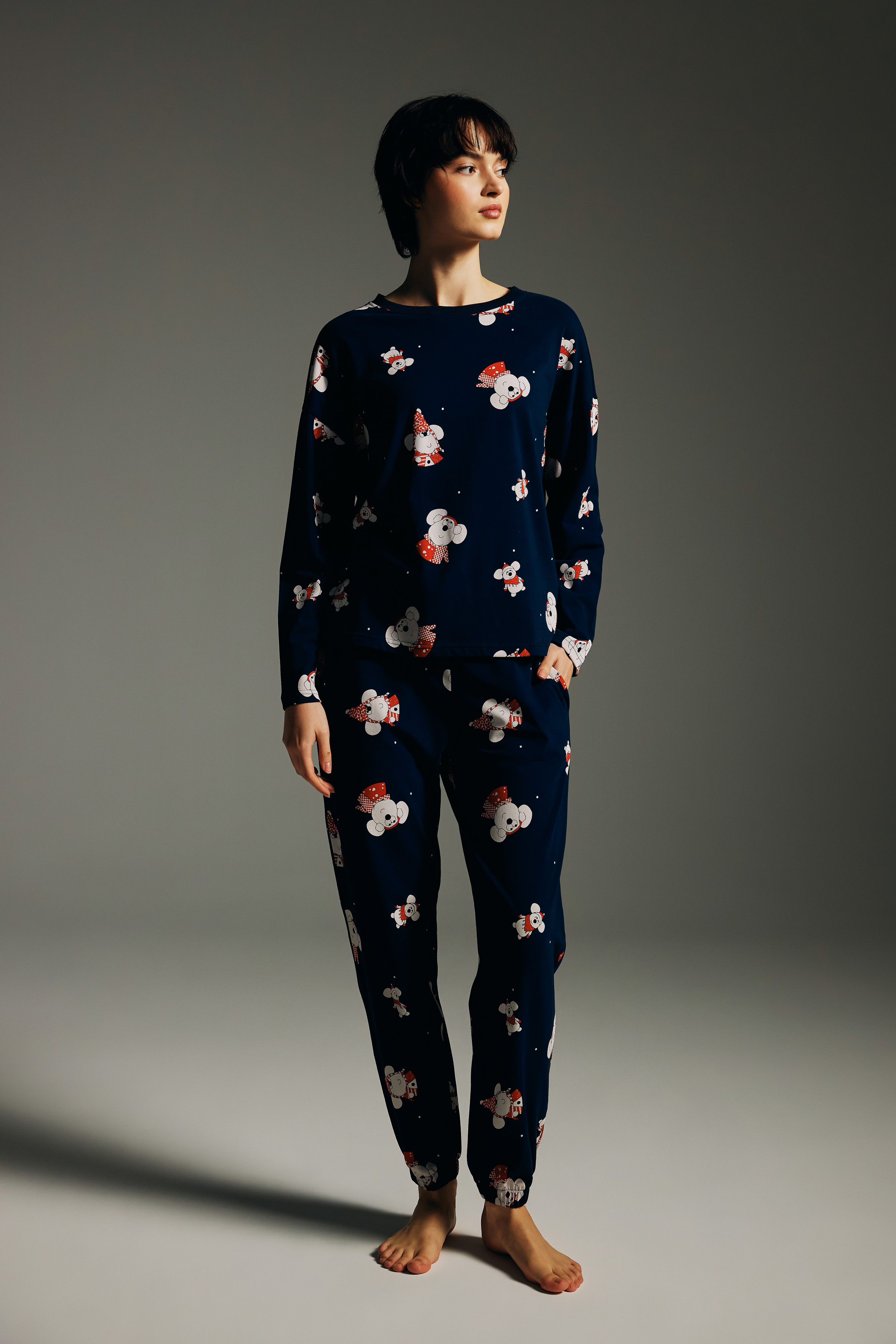 Women's Navy Printed Cotton Pajama Set — view 2
