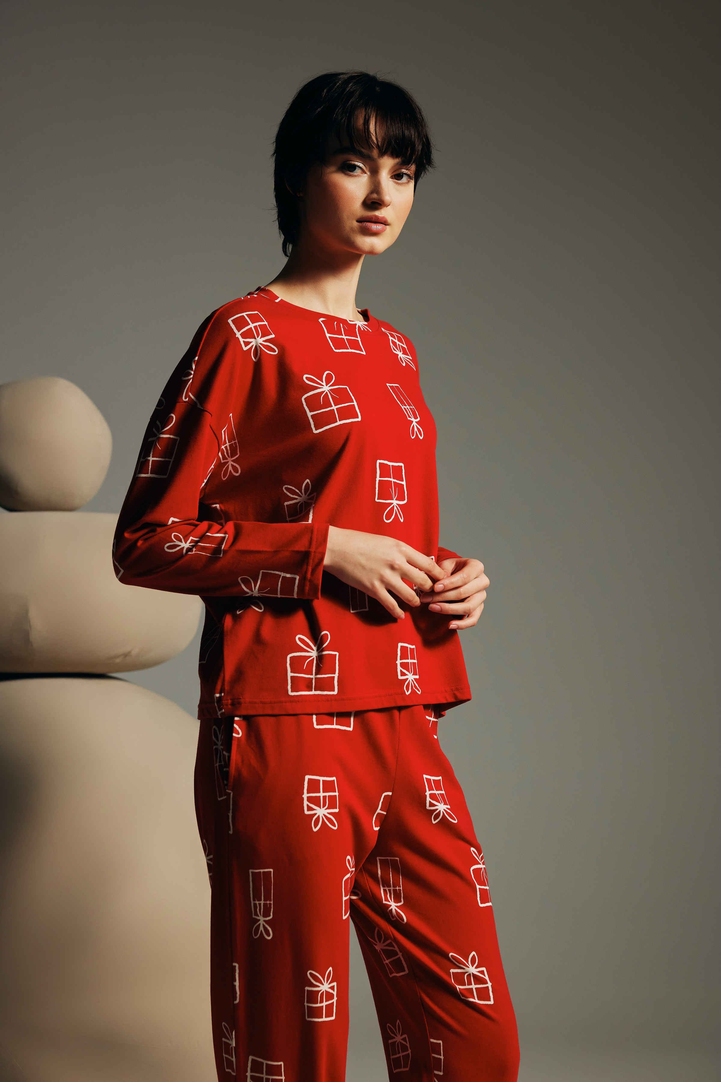 Women's Red Printed Cotton Pajama Set — view 4