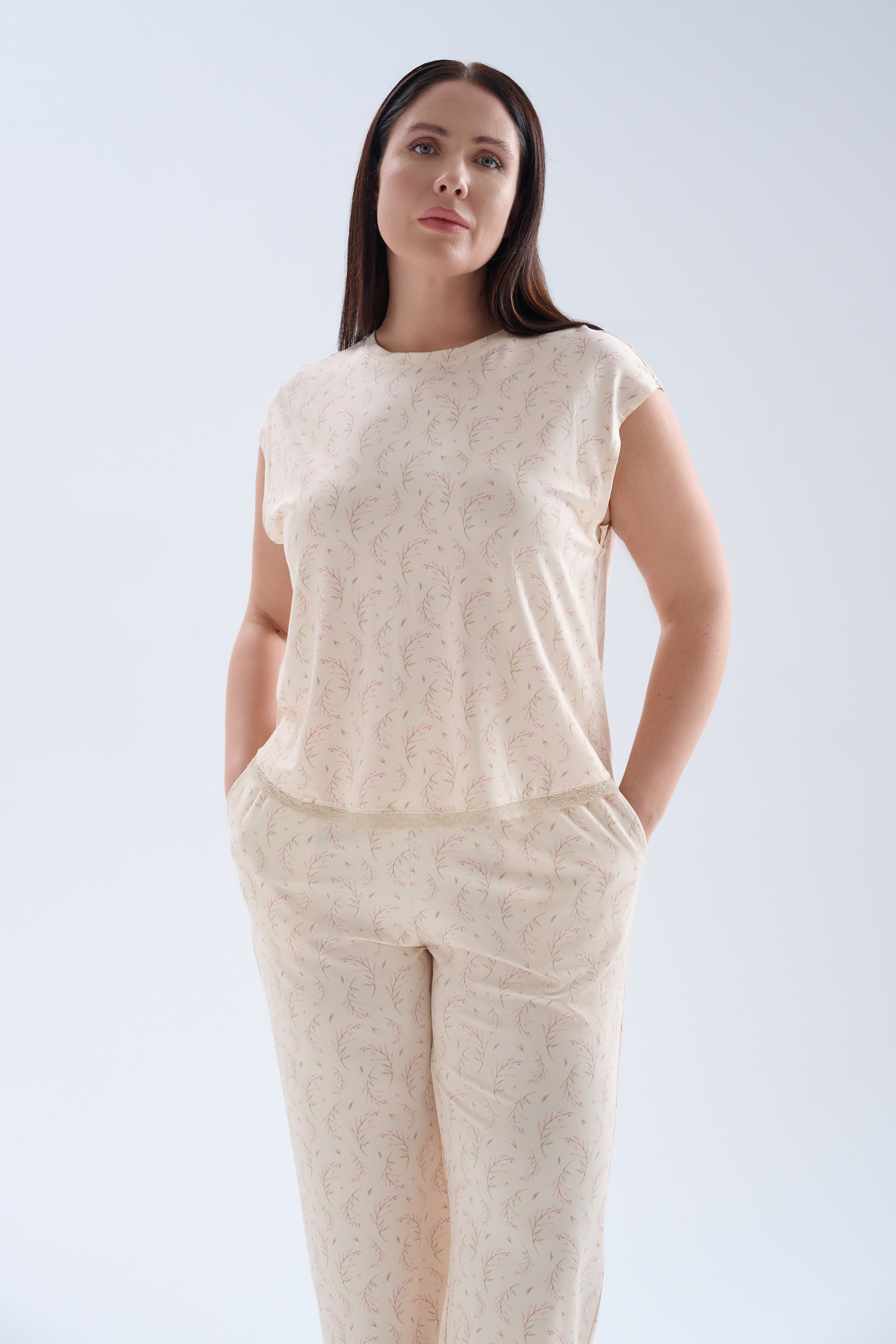 Women's Beige Printed Viscose Pajama Set — view 2