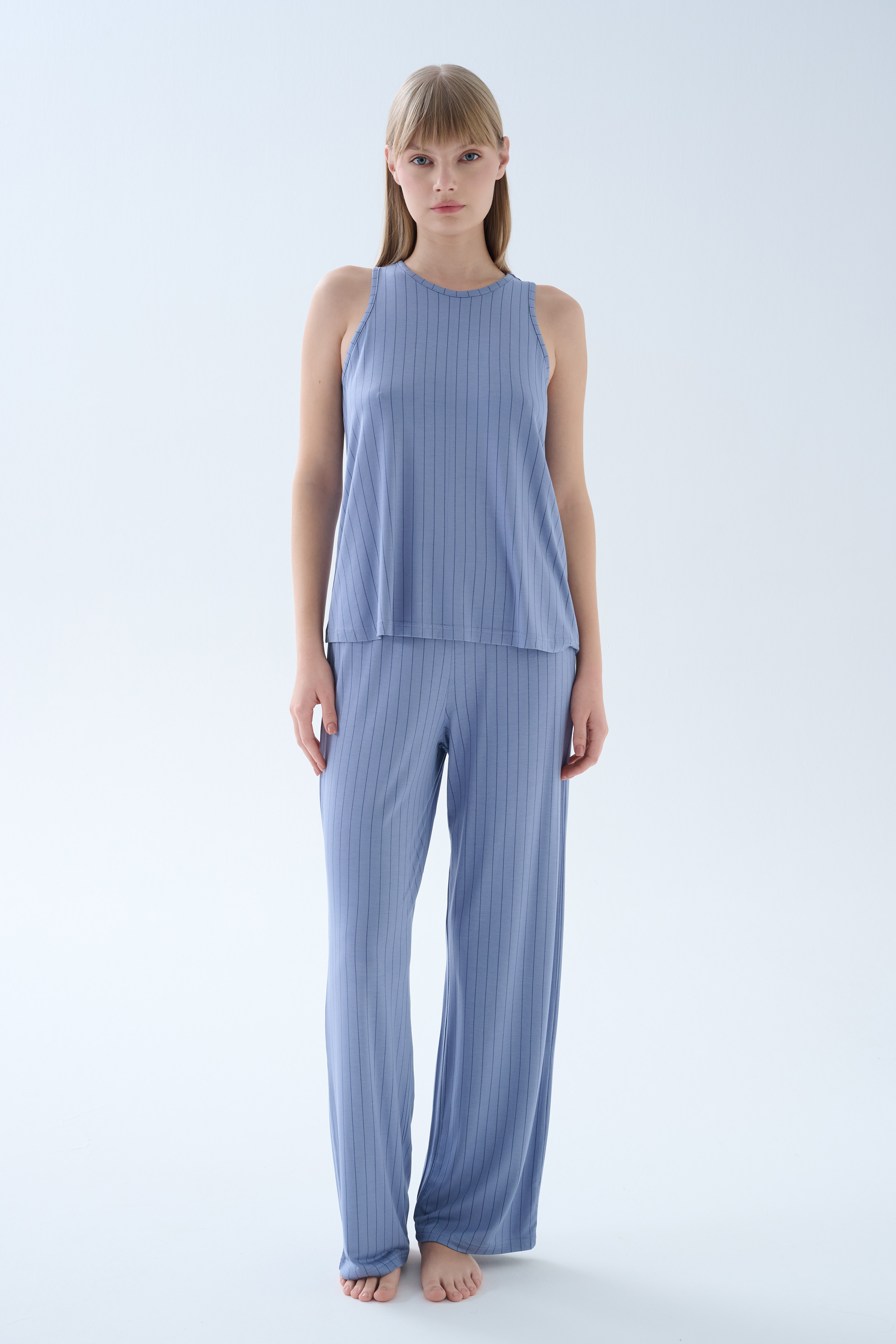 Women's Blue Striped Viscose Pajama Set — view 1