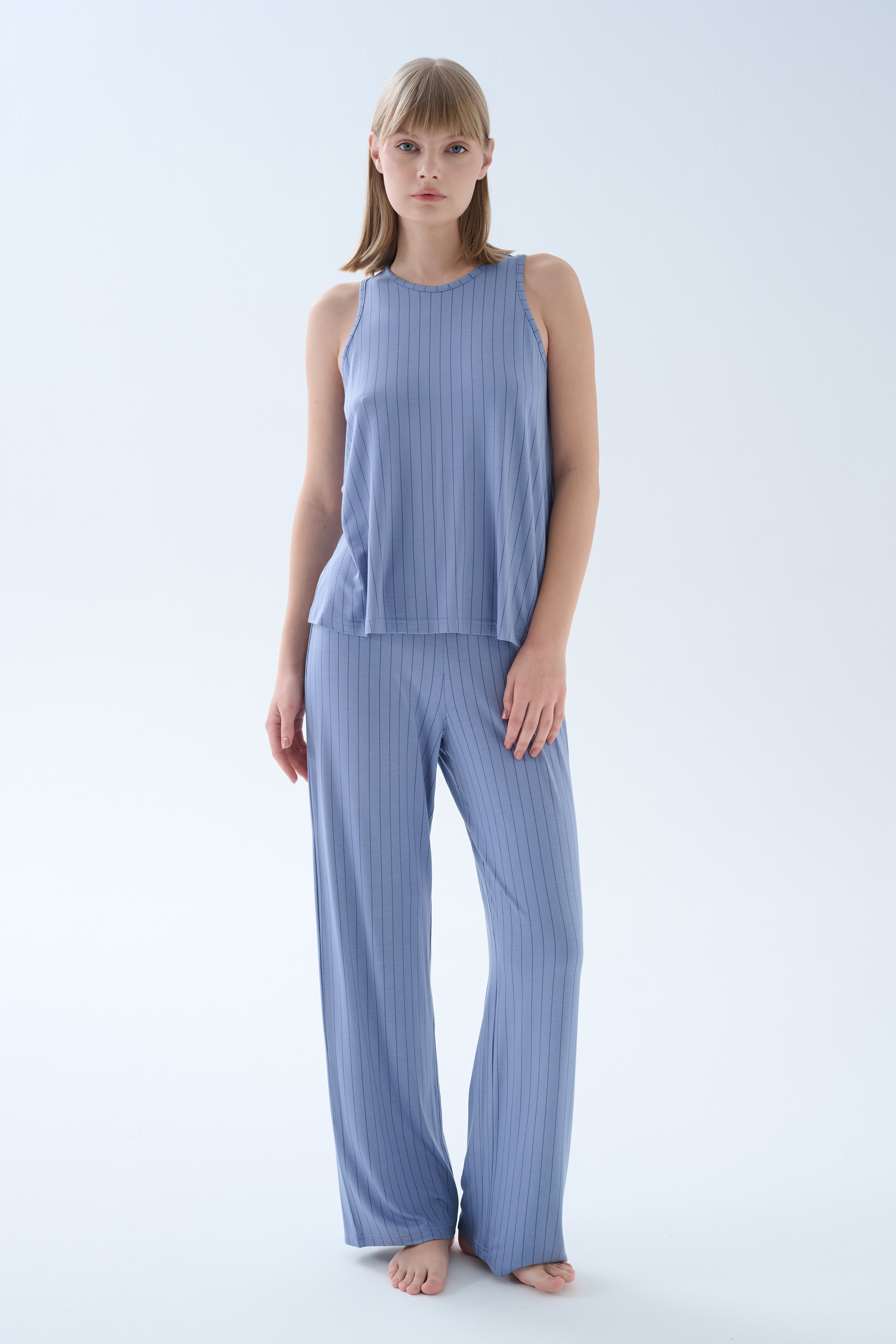 Women's Blue Striped Viscose Pajama Set — view 2