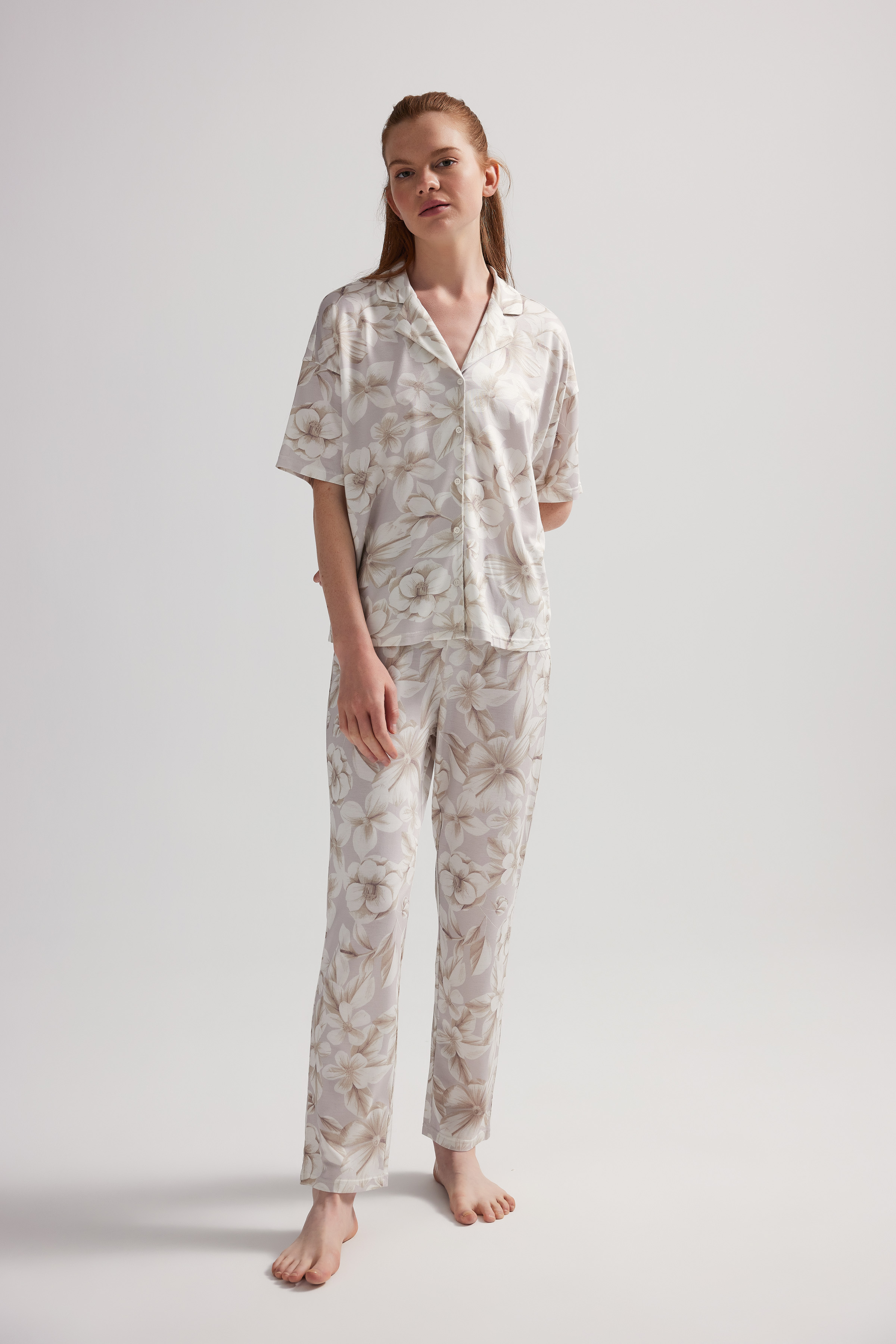 Women's Beige Floral Viscose Pajama Set — view 2